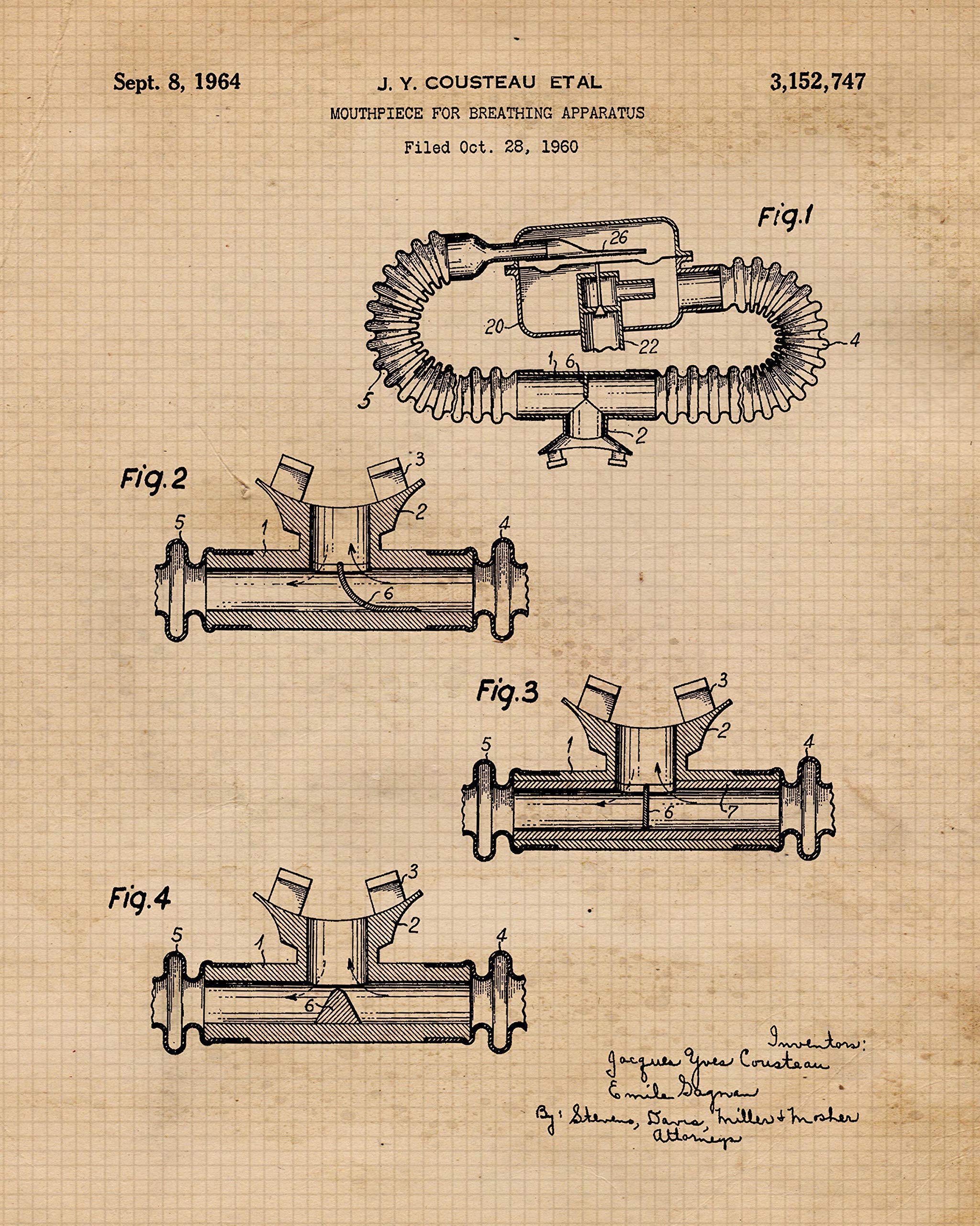 Vintage Scuba Diving Patent Prints, 4 (8x10) Unframed Photos, Wall Art Decor Gifts Under 20 for Home Office Garage Shop Diver School Gym Student Teacher Coach Lake Beach Ocean Snorkeling Reefs Fans