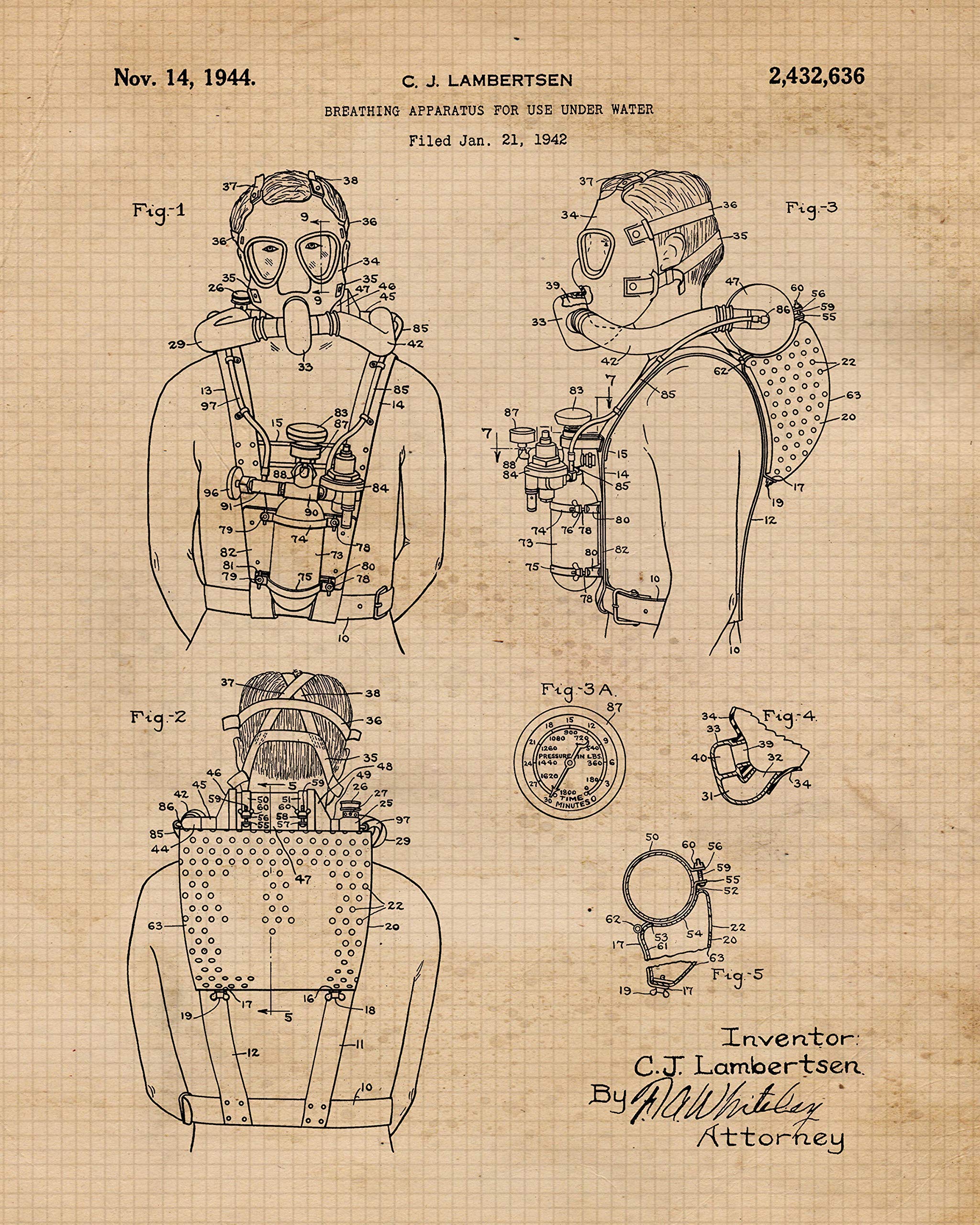 Vintage Scuba Diving Patent Prints, 4 (8x10) Unframed Photos, Wall Art Decor Gifts Under 20 for Home Office Garage Shop Diver School Gym Student Teacher Coach Lake Beach Ocean Snorkeling Reefs Fans