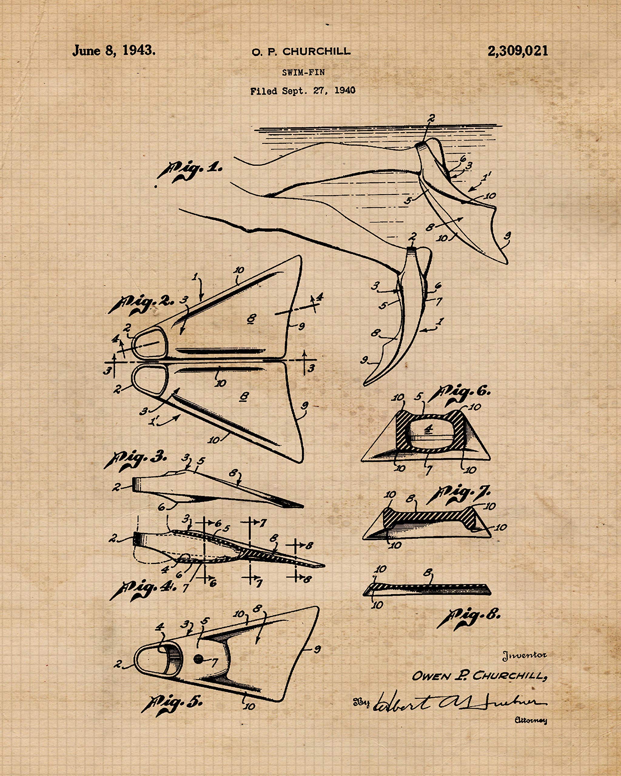 Vintage Scuba Diving Patent Prints, 4 (8x10) Unframed Photos, Wall Art Decor Gifts Under 20 for Home Office Garage Shop Diver School Gym Student Teacher Coach Lake Beach Ocean Snorkeling Reefs Fans