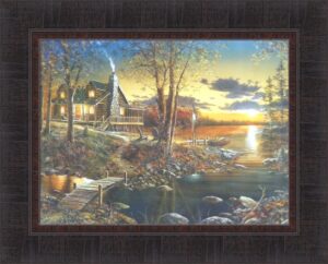 comforts of home by jim hansel 17x21 cabin lake boat framed art print wall décor picture