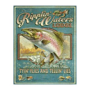 ripplin' waters lodge - vintage animal wall art decor, this rustic fish themed tyin' flys and tellin' lies wall decor print is ideal for home, cabin, deck, lodge & lake house decor, unframed - 8x10