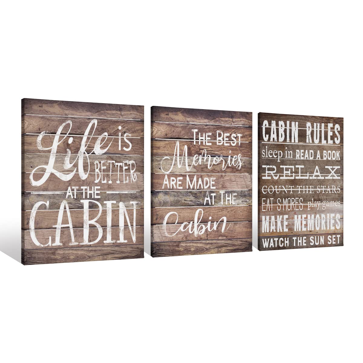 Cabin Rules Life Is Better At The Cabin Canvas Wall Art Prints Artwork Signs Framed for Cabin Front Porch Wall Decor Home Decor,11 X 14 inch Set Of 3,Housewarming Gift,Lake Cabin Canvas Wall Decor