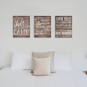 Cabin Rules Life Is Better At The Cabin Canvas Wall Art Prints Artwork Signs Framed for Cabin Front Porch Wall Decor Home Decor,11 X 14 inch Set Of 3,Housewarming Gift,Lake Cabin Canvas Wall Decor