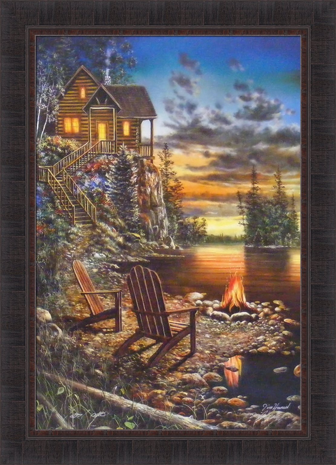 Summer Pleasures by Jim Hansel 24x33 Log Cabin Lake Campfire Adirondack Chairs Sunset Framed Art Print Picture