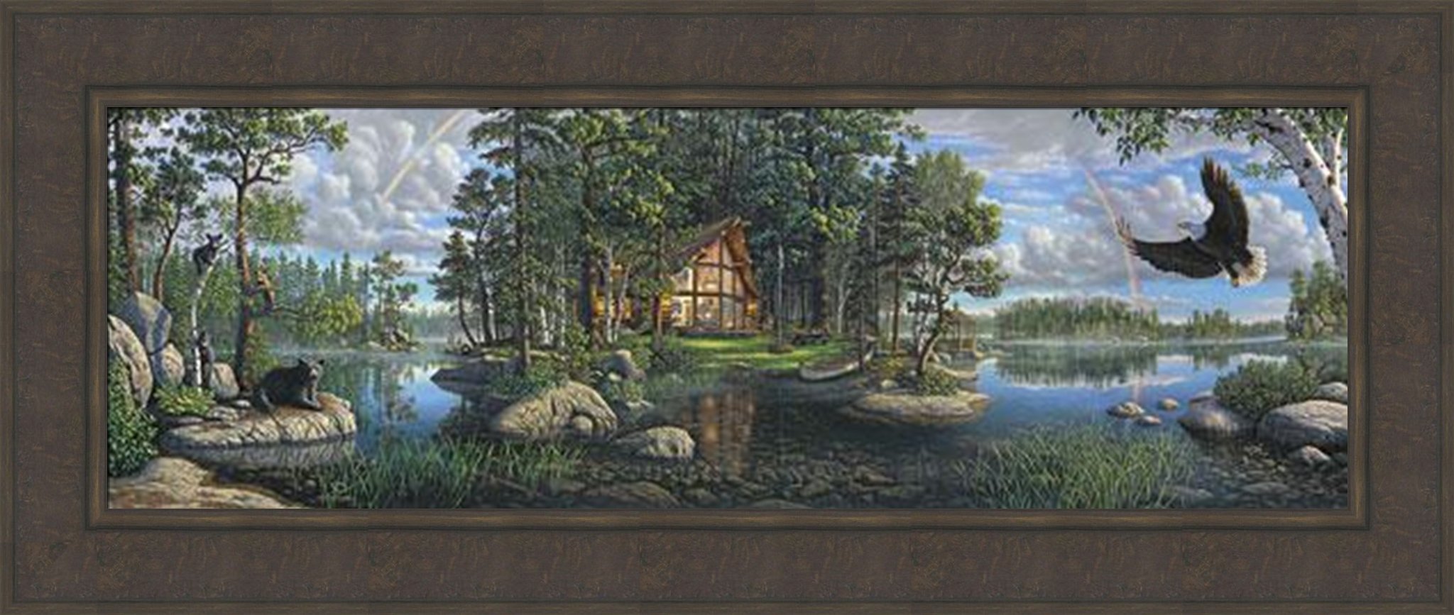 Freedom's Promise Trilogy by Kim Norlien 18x42 God Bless America Rainbow Eagle Bears Log Cabin Lake Hidden Objects Framed Art Print Picture