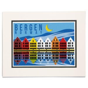 Lantern Press 11x14 Inch Matted Art Print Wall Decor, Bergen, Norway, Colorful Houses