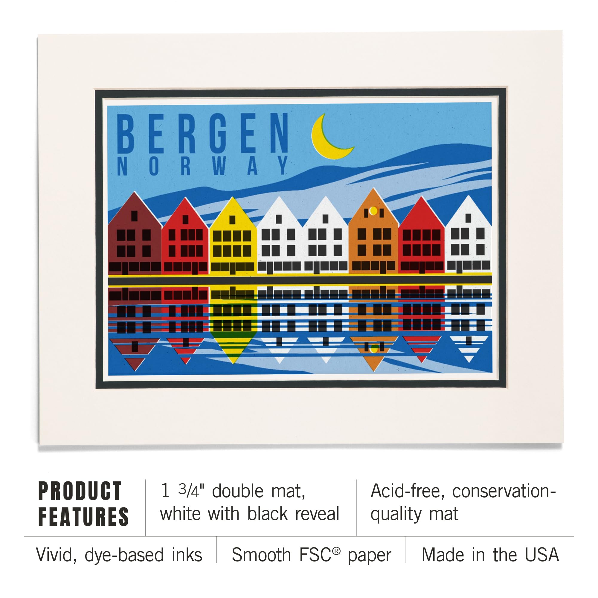 Lantern Press 11x14 Inch Matted Art Print Wall Decor, Bergen, Norway, Colorful Houses