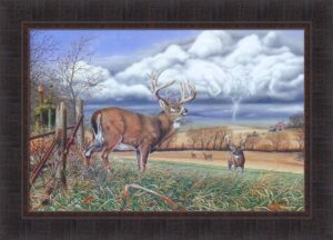 home cabin décor when tempers flare by greg bordignon 20x28 deer buck doe clouds bucks fighting framed art print picture