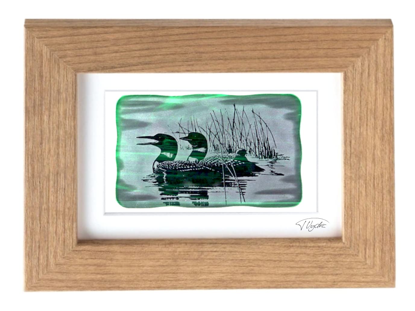 Northern Lights Pictures - sandblasted glass - picture Loons (stained glass) (13 x 18 cm (mount 10 x 15 cm), Brown)