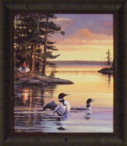 home cabin décor inspiration point by scott zoellick 22x26 s/n lake campfire canoe loons sunset framed art print picture