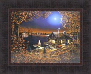 evening serenity by jim hansel 17x21 log cabin night full moon lake deer boat canoe framed art print picture