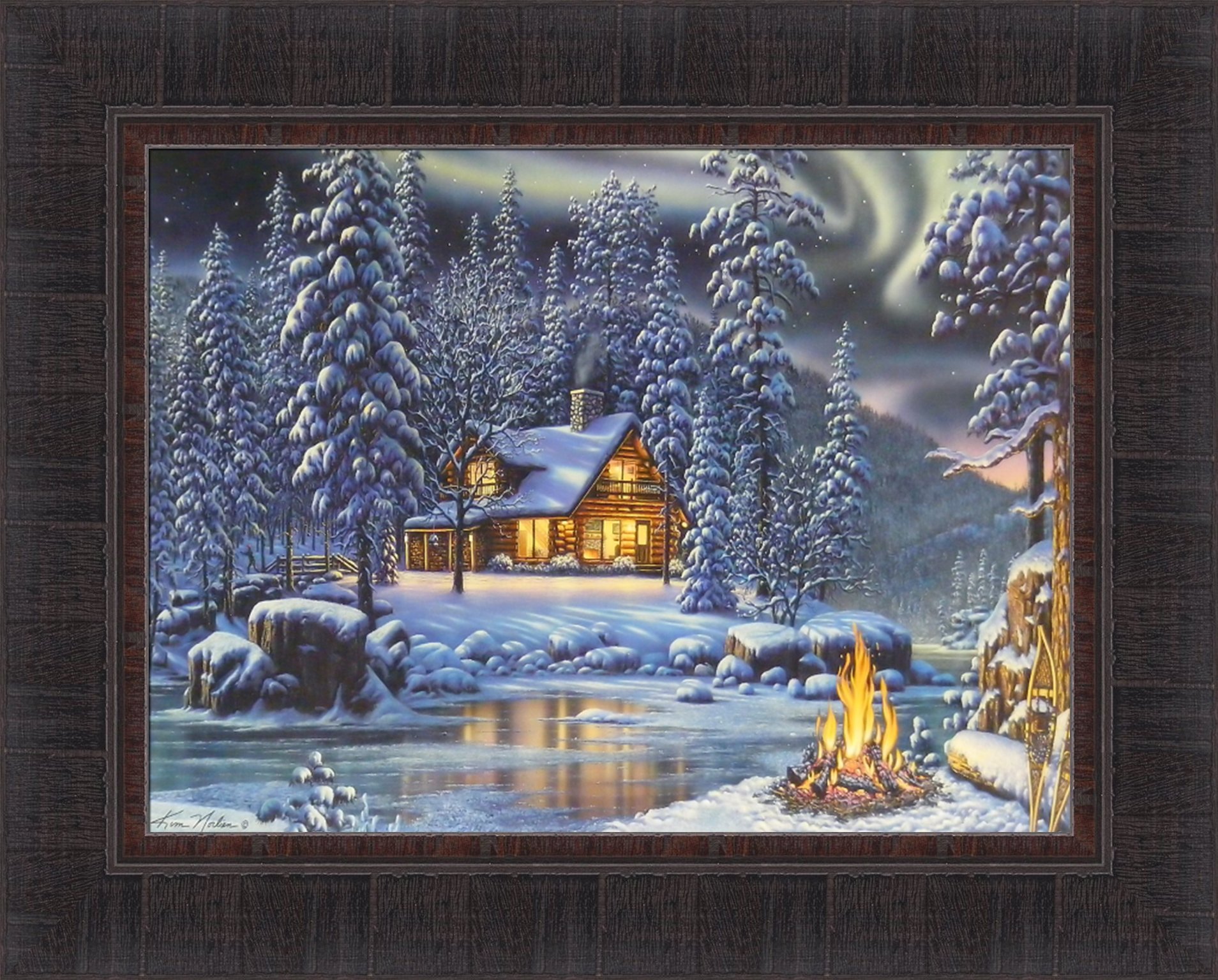 Aurora Fire by Kim Norlien 17x21 Log Cabin Winter Snow Northern Lights Campfire Shoes River Night Framed Art Print Picture