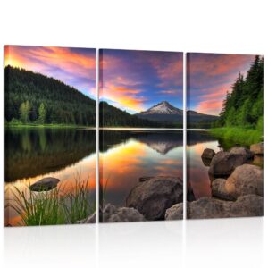 KREATIVE ARTS - 3 Panel Wall Art Mount Hood View from Trillium Lake Oregon USA Mountain Sunset Painting Print On Canvas Landscape Pictures For Home Decor Decoration Gift Piece