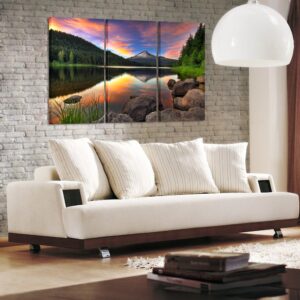 KREATIVE ARTS - 3 Panel Wall Art Mount Hood View from Trillium Lake Oregon USA Mountain Sunset Painting Print On Canvas Landscape Pictures For Home Decor Decoration Gift Piece