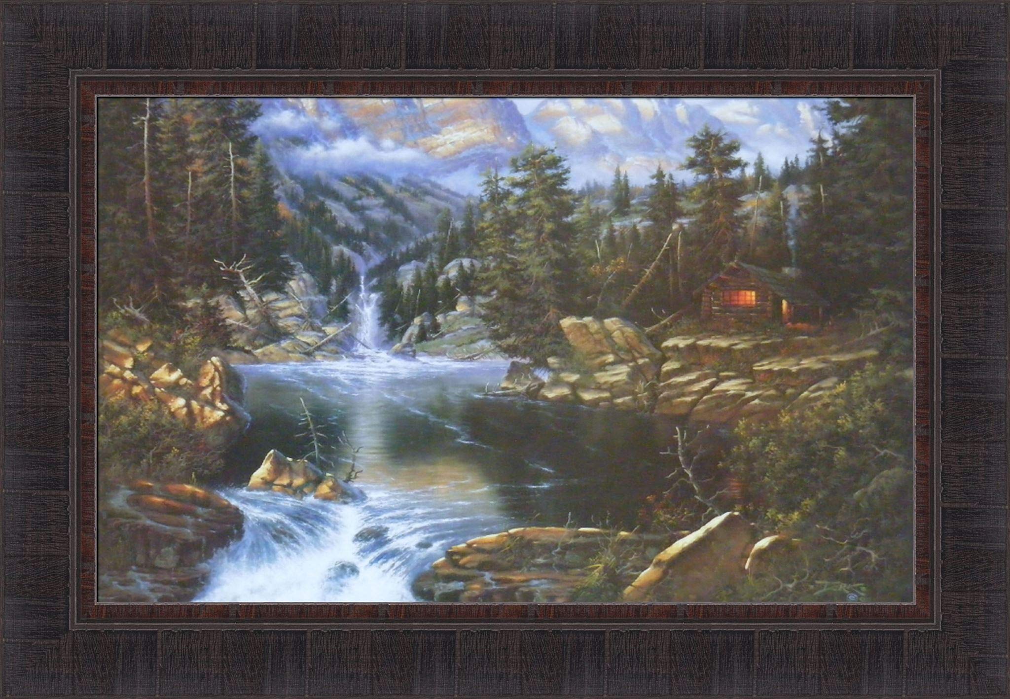 Home Fires by Derk Hansen 18x26 Cabin Mountains River Framed Art Print Wall Décor Picture