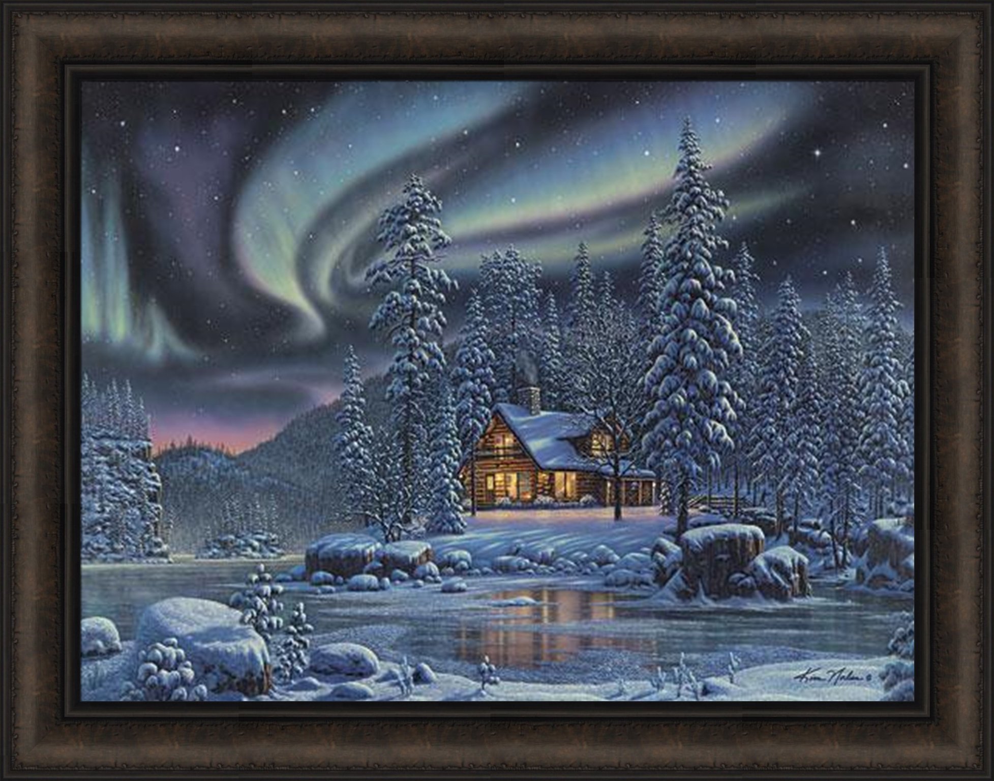 Aurora Bliss by Kim Norlien 22x28 Northern Lights Winter Log Cabin Night Stars Snow Lake Framed Art Print Picture