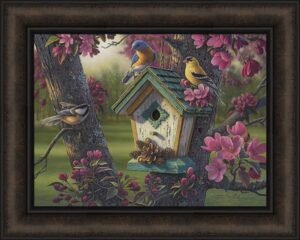 springtime beauty by kim norlien 16x20 song birds birdhouse chickadee bluebird yellow gold finch framed art wall décor picture