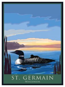 st germain wisconsin loon & chick giclee art print poster from illustration by artist joanne kollman 9" x 12"