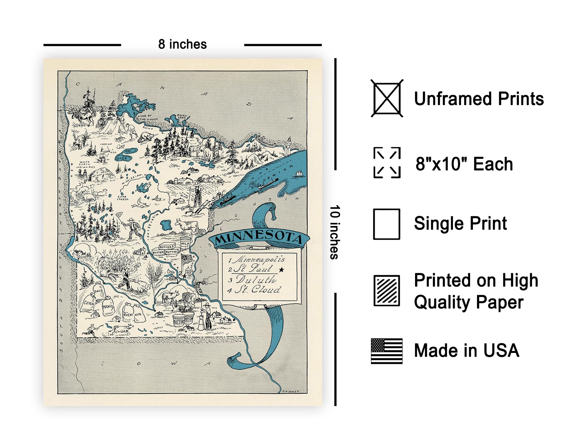 Poster Master Vintage Map Poster - Retro Minnesota Map Print - Minnesota State Map Art - Gift for Teacher, Student, Travel Lover - Decoration for Classroom, Office, Dorm - 8x10 UNFRAMED Wall Art