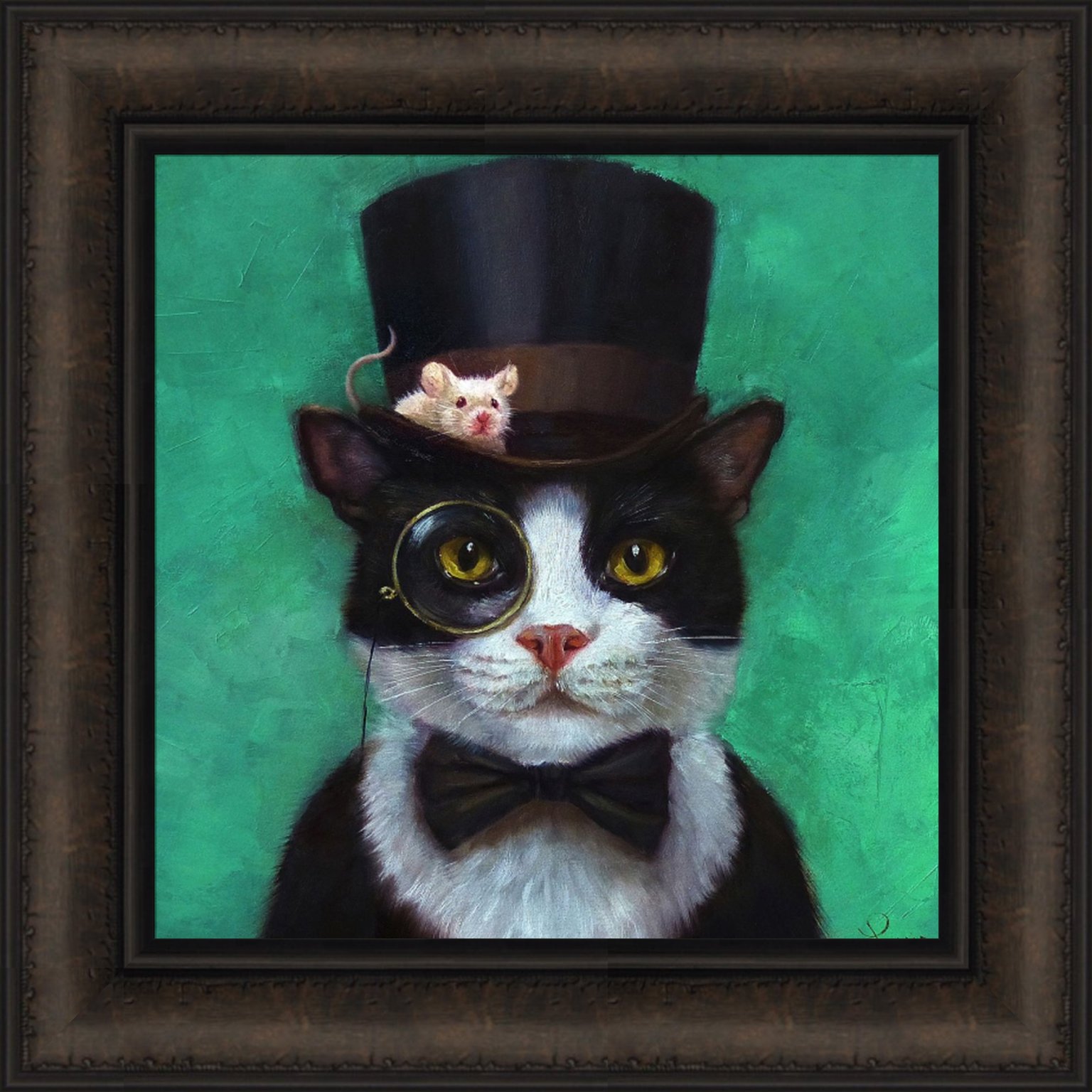 Home Cabin Décor Tuxedo Cat by Lucia Heffernan 16x16 Black White Cat Bow Tie Top Hat Eye Glass Mouse Funny Art Framed Print Picture