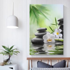 Zen Spring Garden Japanese Style Wall Decor Poster for Home,Spa Black Stone White Flower Green Bamboo Print Canvas Art Picture Print Modern Family Bedroom Decor Posters 24x36inch(60x90cm)