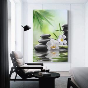 Zen Spring Garden Japanese Style Wall Decor Poster for Home,Spa Black Stone White Flower Green Bamboo Print Canvas Art Picture Print Modern Family Bedroom Decor Posters 24x36inch(60x90cm)