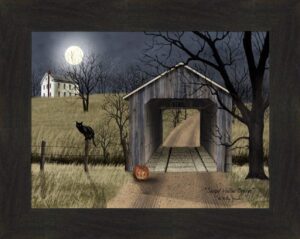 home cabin décor 'sleepy hollow bridge' by billy jacobs 16x20 full moon covered bridge black cat jack-o'-lantern pumpkin night framed art print picture