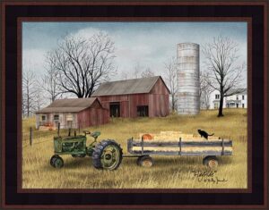 home cabin décor hayride by billy jacobs 15x19 green tractor hay wagon pumpkins black cat farm barn silo autumn fall framed art print picture