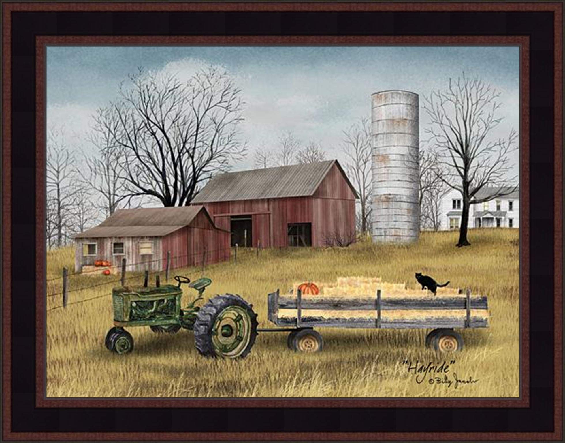 Home Cabin Décor Hayride by Billy Jacobs 15x19 Green Tractor Hay Wagon Pumpkins Black Cat Farm Barn Silo Autumn Fall Framed Art Print Picture