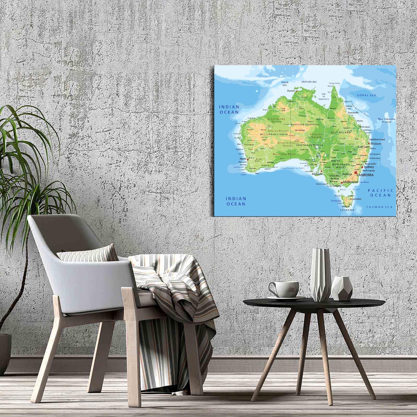 Map Of Australia, Photo Poster Print Art Wall Art Canvas Prints Poster For Home Office Decorations With Framed 16"x12"