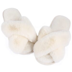 ankis women white fuzzy fluffy slippers soft cozy plush memory foam slipper open toe bedroom comfy cross band for womens