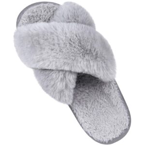 comwarm women's cross band fuzzy slippers fluffy open toe house slippers cozy plush bedroom shoes indoor outdoor, grey size 7-8