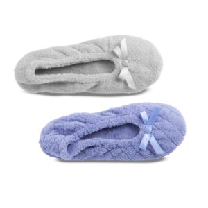 Isotoner Women's 2 Pack Mictroterry Ballerina Slipper with a Satin Bow, Plush Lining and Suede Sole, Periwinkle Quilted/Ash Solid, 9.5-10.5