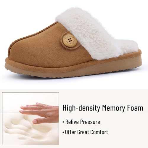 Litfun Fuzzy Slippers for Women with Memory Foam Winter Fluffy House Shoes Indoor Outdoor, Khiki Women Size 8-8.5