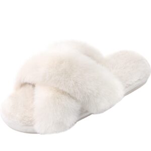 parlovable women's cross band slippers fuzzy soft house slippers plush furry warm cozy open toe fluffy home shoes comfy indoor outdoor slip on breathable off-white 9-10