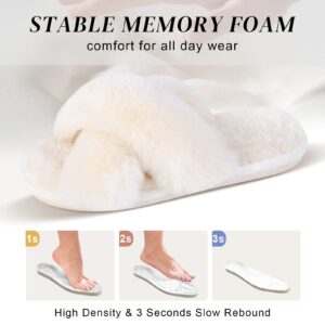 Parlovable Women's Cross Band Slippers Fuzzy Soft House Slippers Plush Furry Warm Cozy Open Toe Fluffy Home Shoes Comfy Indoor Outdoor Slip On Breathable Off-White 9-10