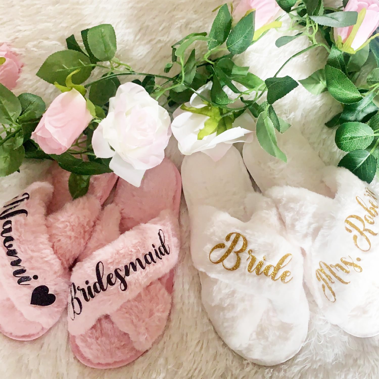 Cute Fluffy Slippers for Women - Sizes XS - XL (US 4-12) - Personalized Bridesmaid Slippers - Custom Gift for Her