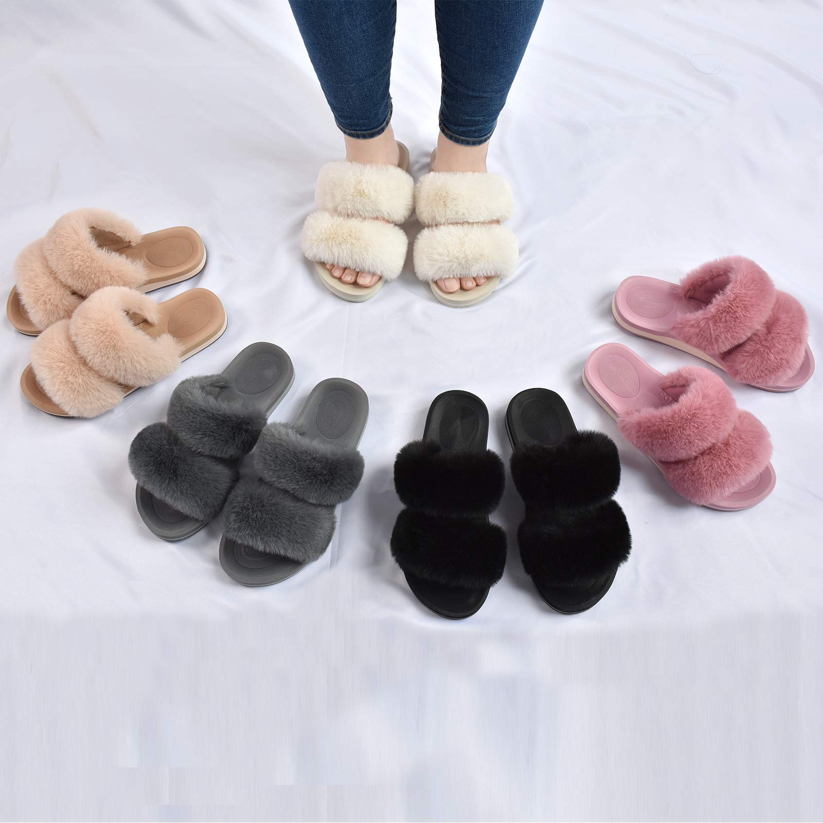 COFACE Fuzzy Slippers for Women Open Toe Orthopedic Slippers with Arch Support Fluff Fax Fur Ladies Plantar Fasciitis Slippers for Woman Indoor House Slides size 8