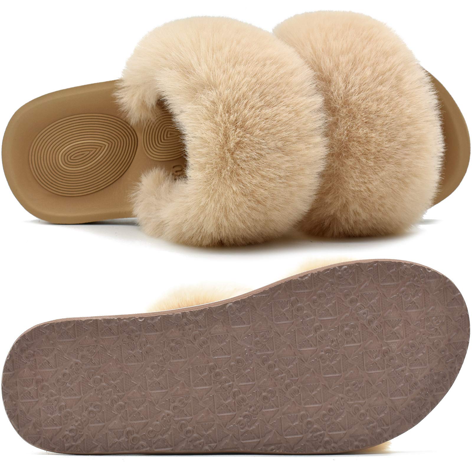 COFACE Fuzzy Slippers for Women Open Toe Orthopedic Slippers with Arch Support Fluff Fax Fur Ladies Plantar Fasciitis Slippers for Woman Indoor House Slides size 8