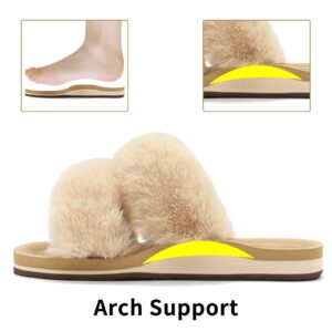 COFACE Fuzzy Slippers for Women Open Toe Orthopedic Slippers with Arch Support Fluff Fax Fur Ladies Plantar Fasciitis Slippers for Woman Indoor House Slides size 8