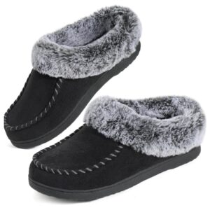 ultraideas women's memory foam house slippers with hard bottom, fur lined house shoes with non-slip rubber sole for indoor & outdoor (black, 9-10)