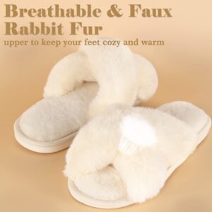 Ankis White Womens Fuzzy Slippers - 2Pair Cozy, Soft, Comfy, Relax Fluffy Slippers, Cross Band, Open Toe, Non-slip Womens Slippers, Indoor and Outdoor Fluffy Slippers