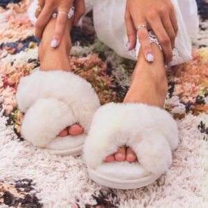 Ankis White Womens Fuzzy Slippers - 2Pair Cozy, Soft, Comfy, Relax Fluffy Slippers, Cross Band, Open Toe, Non-slip Womens Slippers, Indoor and Outdoor Fluffy Slippers