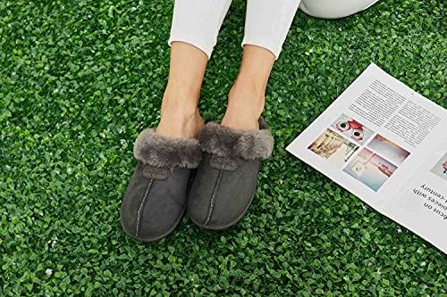 CLPP'LI Womens Slip on Faux Fur Warm Winter Mules Fluffy Suede Comfy Slippers-Grey-8