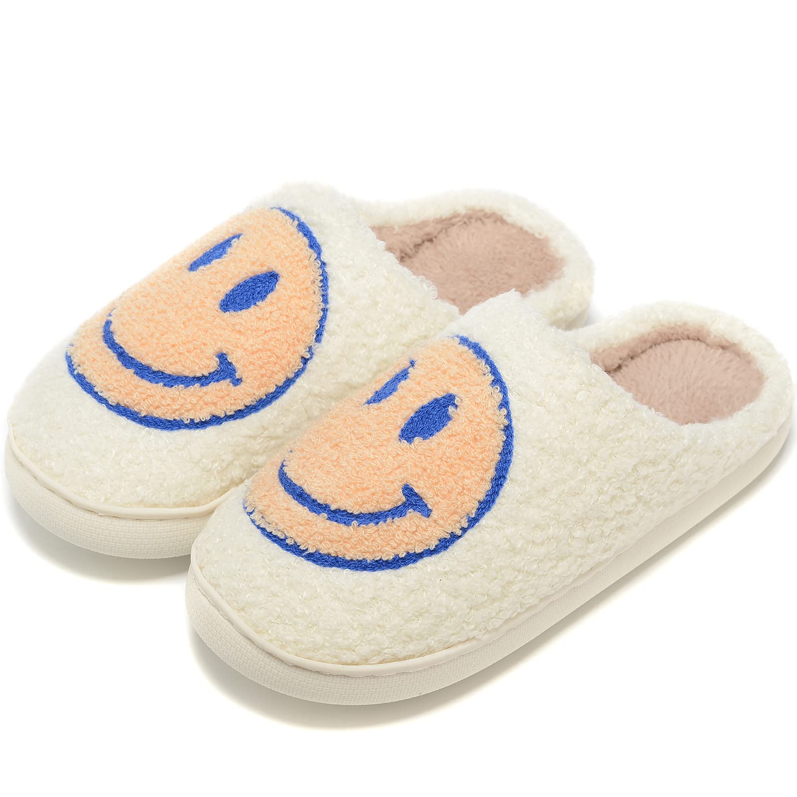 Smile Face Slippers for Women Men Warm Non-Slip Comfortable Home Happy Face Slippers Winter Slides, Blue, 7.5-8.5 Women/7-8 Men