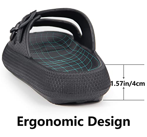 Weweya Slides for Men Women Pillow Slippers Double Buckle Adjustable EVA Flat Sandal Black Women Size 5.5 6 6.5