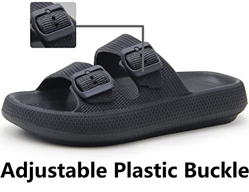 Weweya Slides for Men Women Pillow Slippers Double Buckle Adjustable EVA Flat Sandal Black Women Size 5.5 6 6.5