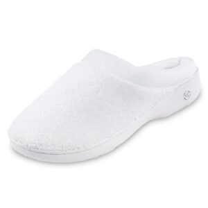 isotoner women's terry and satin slip on cushioned slipper with memory foam for indoor/outdoor comfort, white, 7.5-8