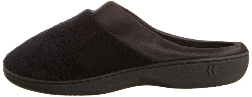 isotoner Women's Microterry PillowStep Satin Cuff Clog Slippers, Black, 7.5-8 B(M) US