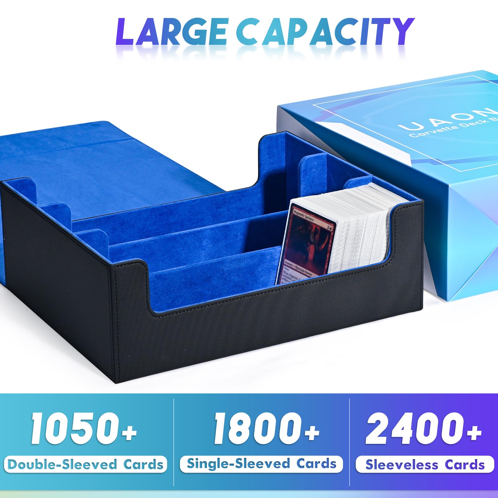 UAONO Card Storage Box for Trading Cards, 1800+ PU Leather Commander Card Deck Case, Magnetic Closure Card Holder Fits for Magic Game Cards (Black&Blue)